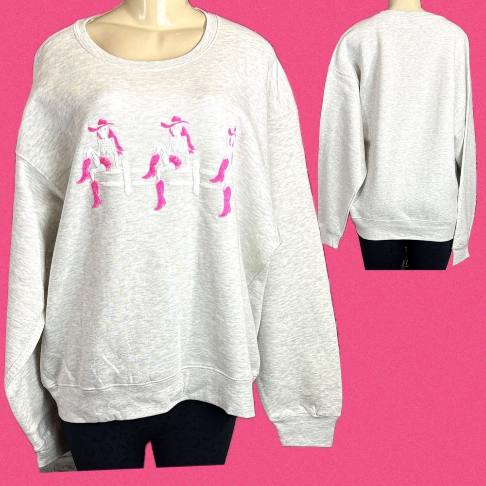 Pacific & Co Womens XL Heather Gray Pink Skeleton Cowgirl Graphic Sweatshirt